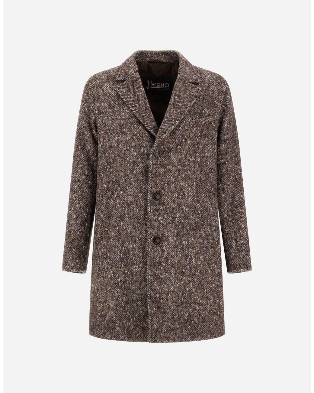 Herno Brown Alpaca, Wool Herringbone And Suede Effect Coat for men