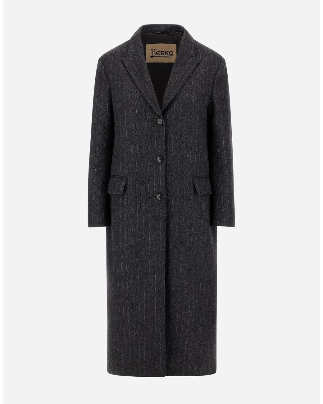 Herno Black Wool Cloth Coat With Pinstripe Pattern