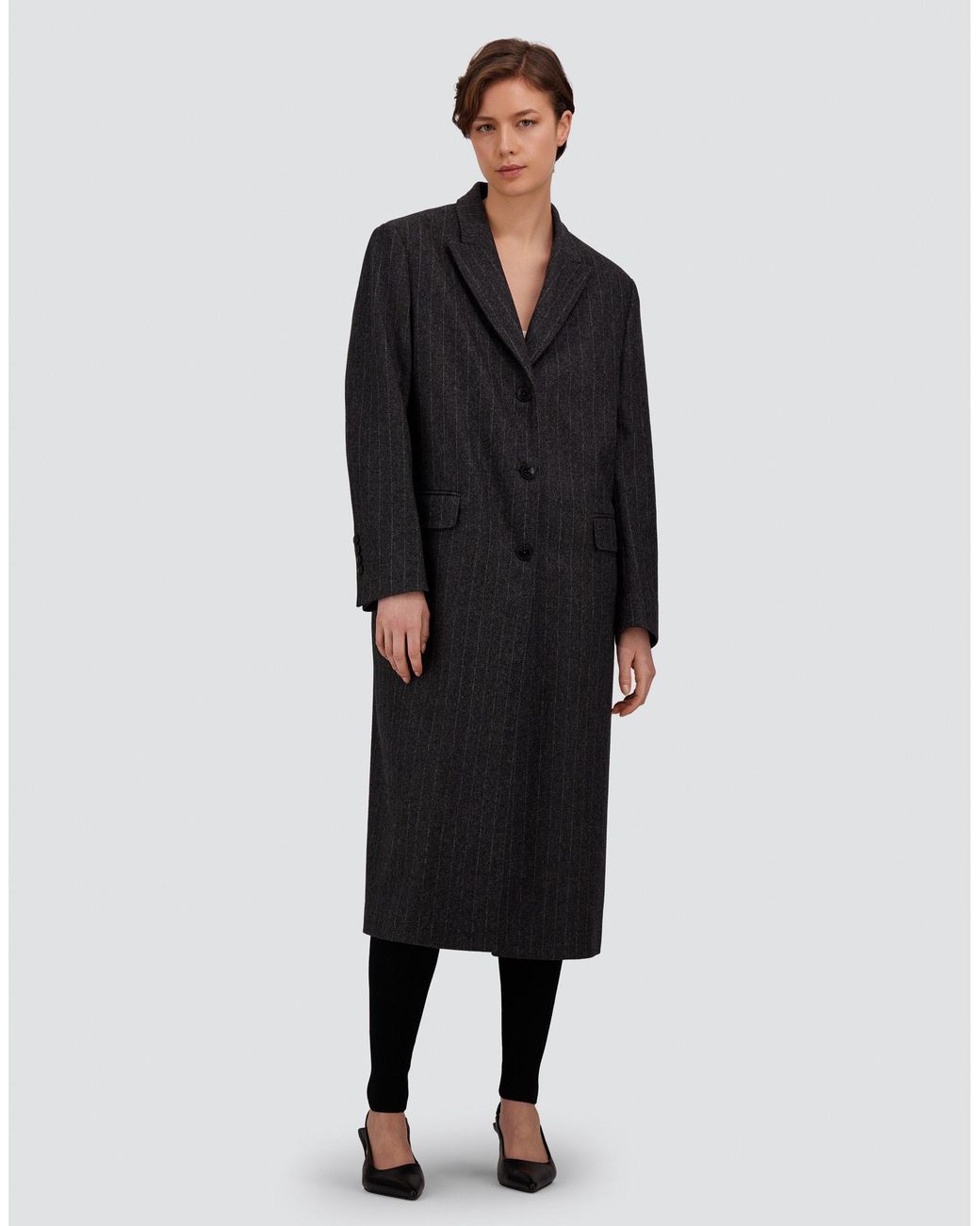 Herno Black Wool Cloth Coat With Pinstripe Pattern