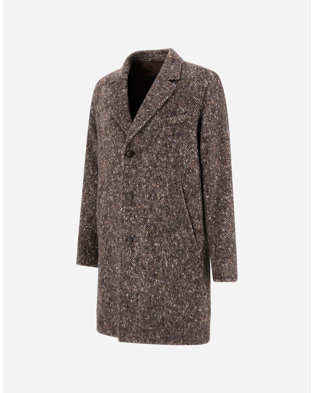 Herno Brown Alpaca, Wool Herringbone And Suede Effect Coat for men