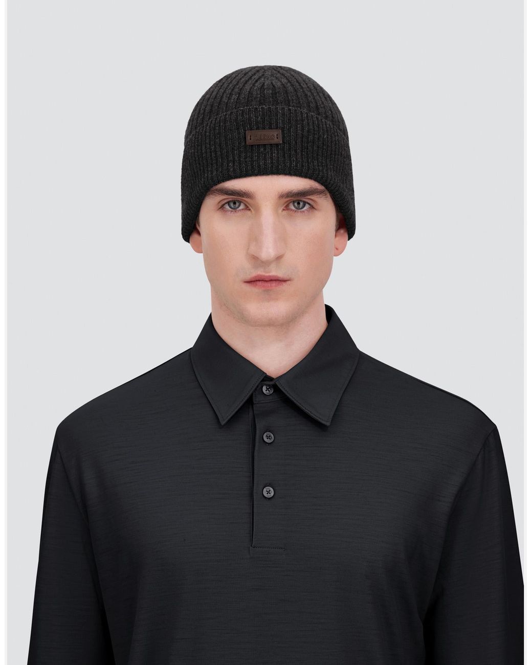 Herno Black Ribbed Wool Beanie for men