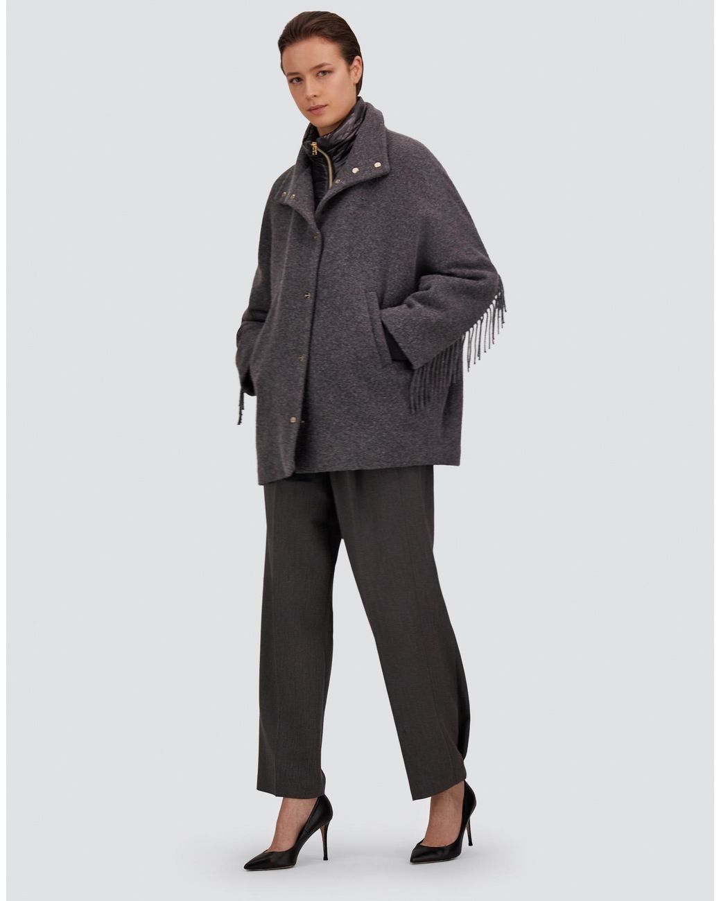 Herno Gray Alpaca Jacket With Fringing And Nylon Ultralight