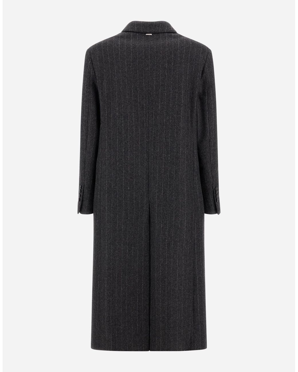 Herno Black Wool Cloth Coat With Pinstripe Pattern