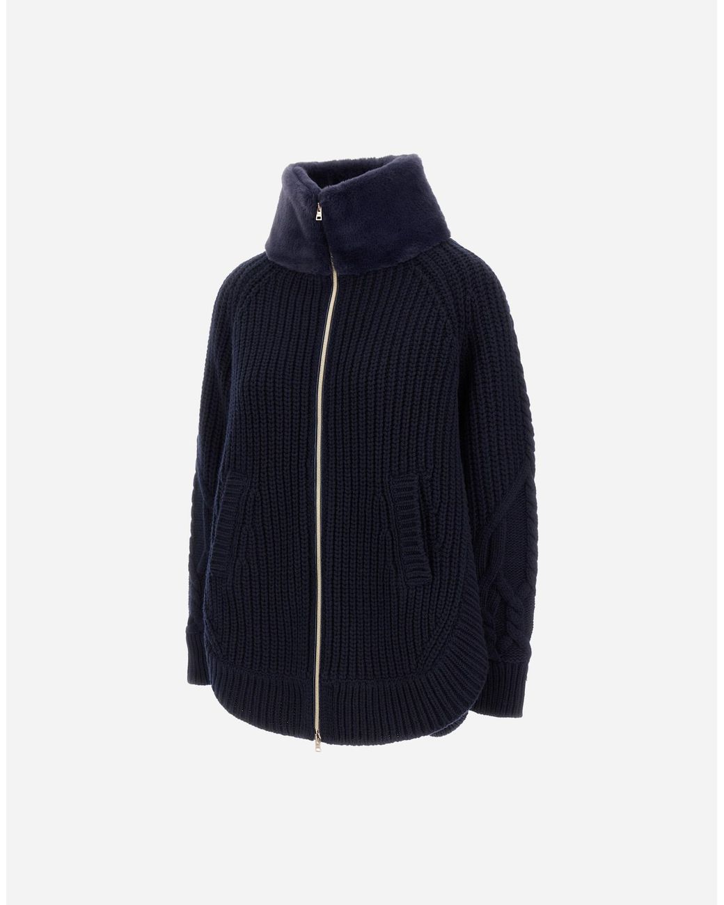 Herno Blue Wool Jacket With Raised Texture And Beaver-Effect Fur Feel