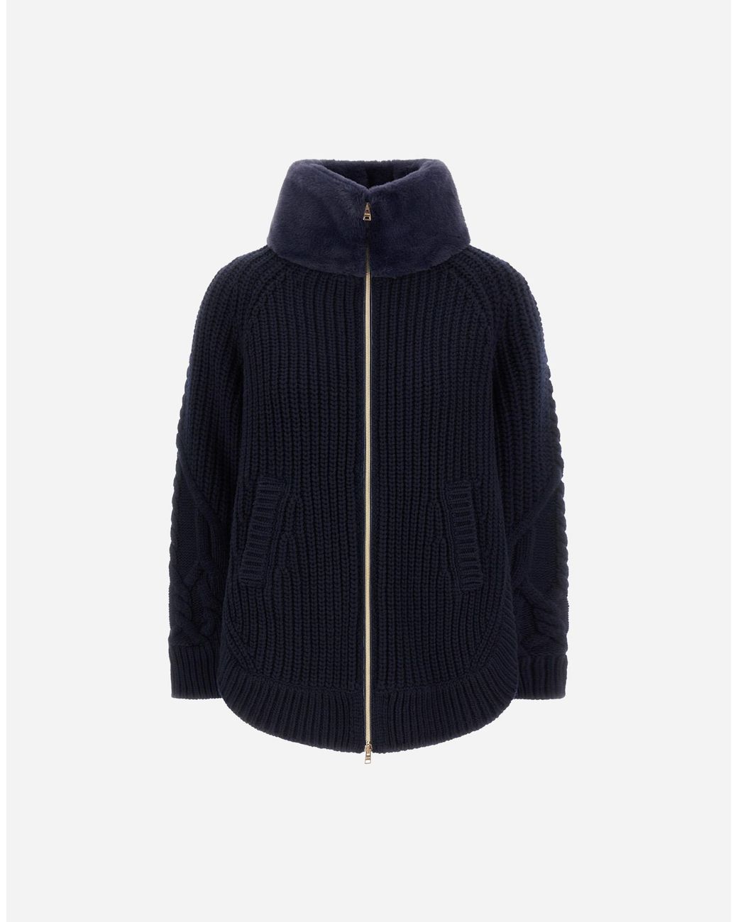 Herno Blue Wool Jacket With Raised Texture And Beaver-Effect Fur Feel