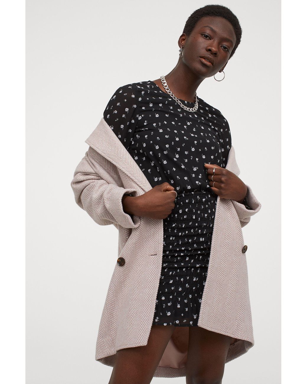 H&M Synthetic Smock-detail Dress in Black/White Floral (Black) - Lyst