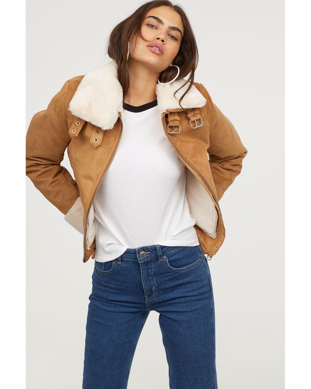 H&M Jacket With Faux Fur Lining in Natural | Lyst