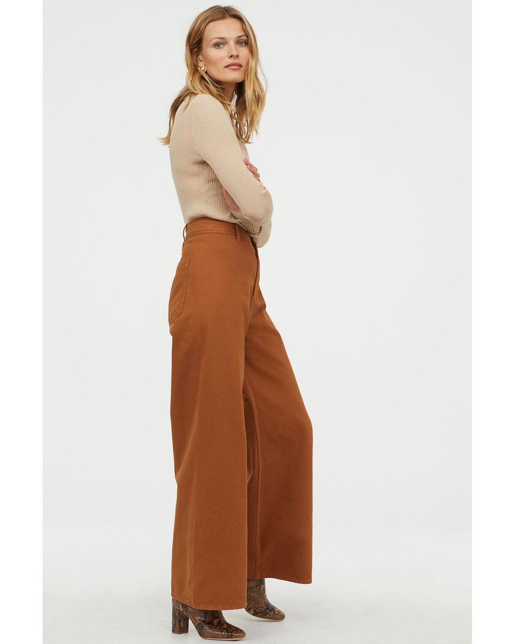 H\u0026M Cotton Wide-leg Twill Pants in Rust 