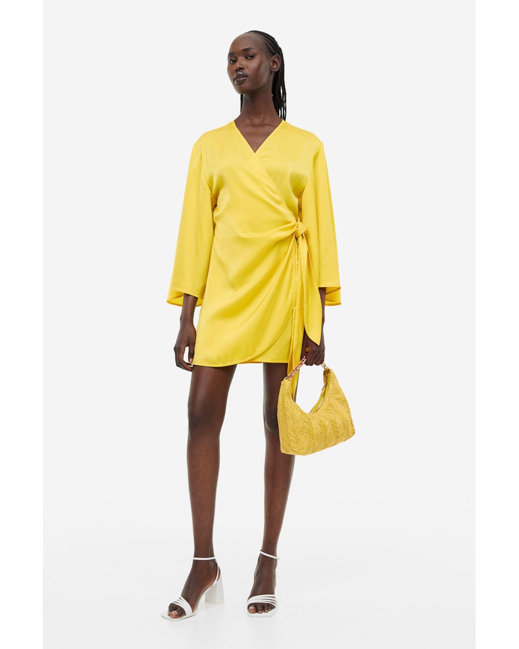 Hu0026M Satin Wrap Dress in Yellow | Lyst