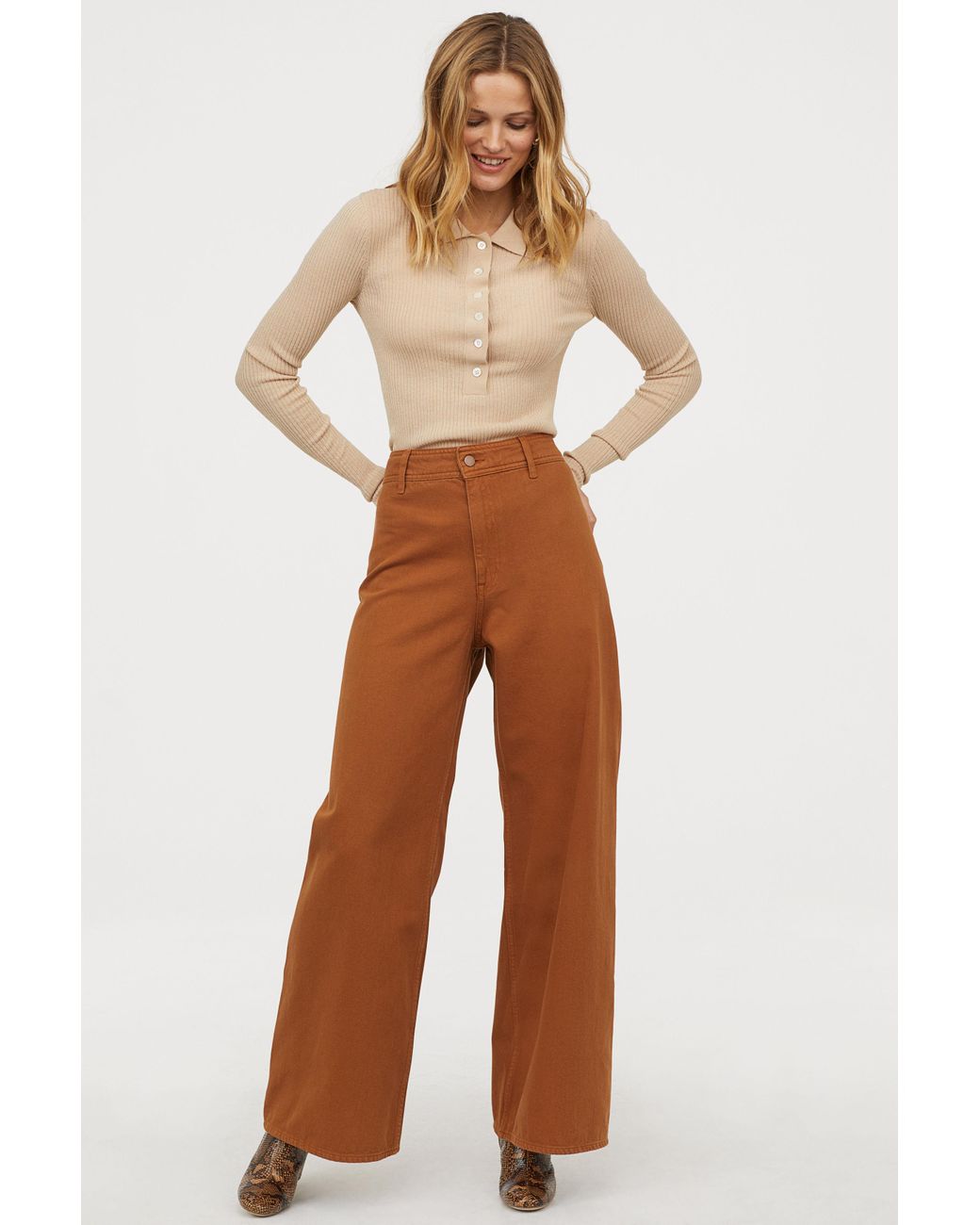 H&M Wide-leg Twill Pants in Brown | Lyst