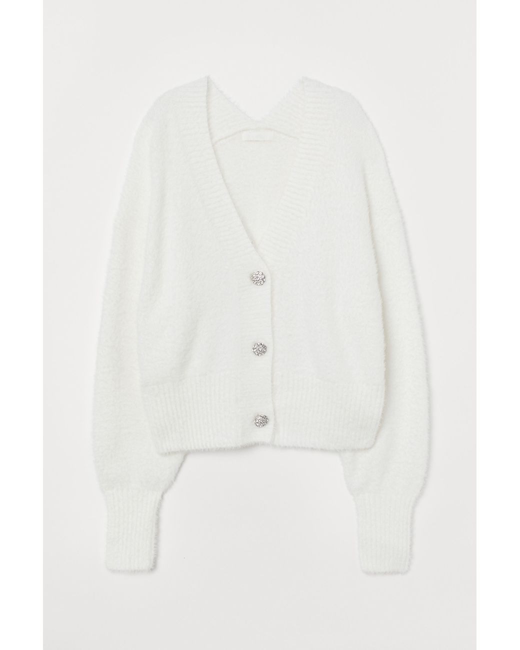 H&M Sparkly-button Fluffy Cardigan in White | Lyst