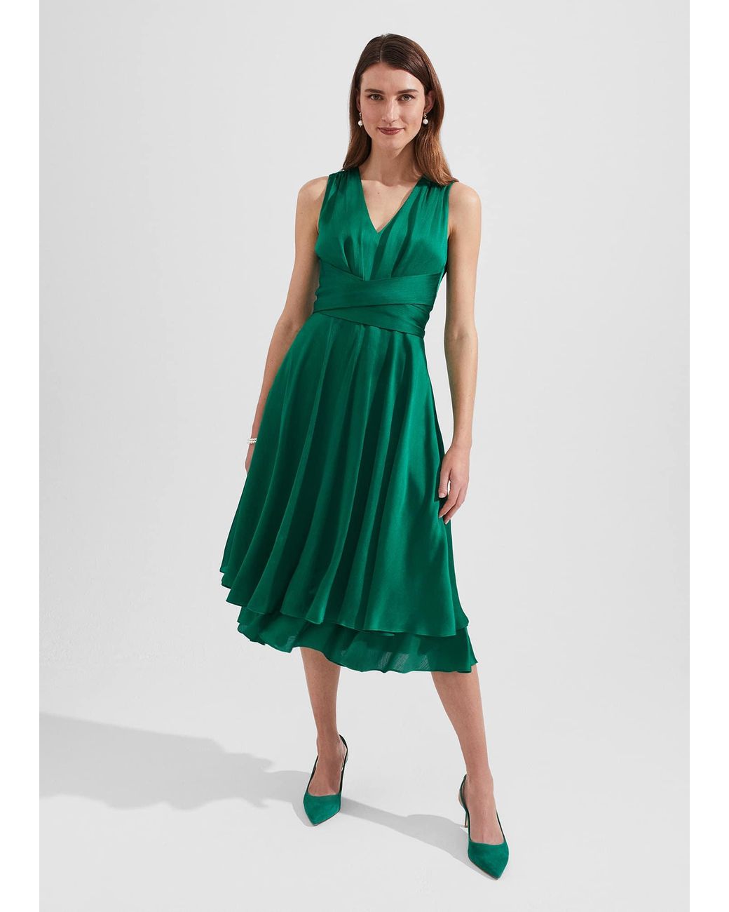 Hobbs Green Viola Satin Fit And Flare Dress