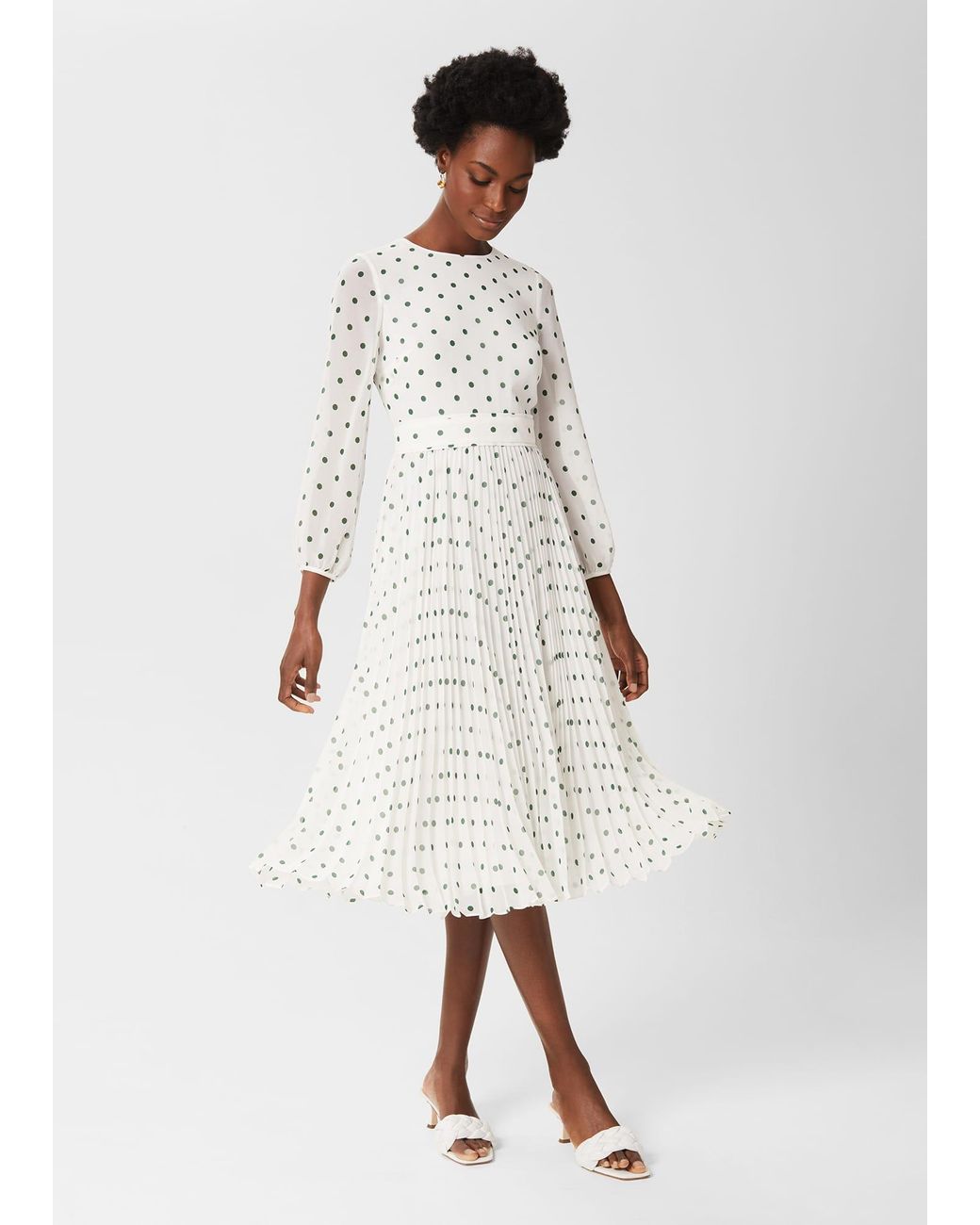 Hobbs White Selena Spot Pleated Dress