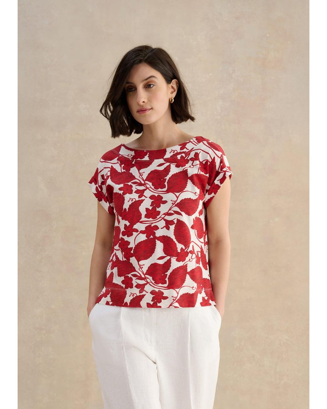 Hobbs Red Alycia Printed Cotton Slub T-Shirt