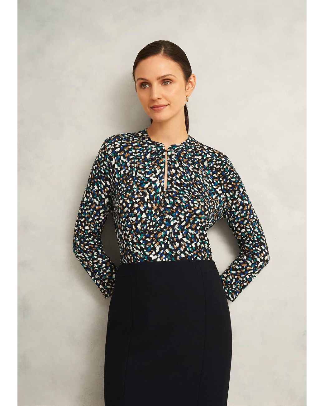 Hobbs Blue Margot Printed Button Key Hole 3/4 Sleeve Top