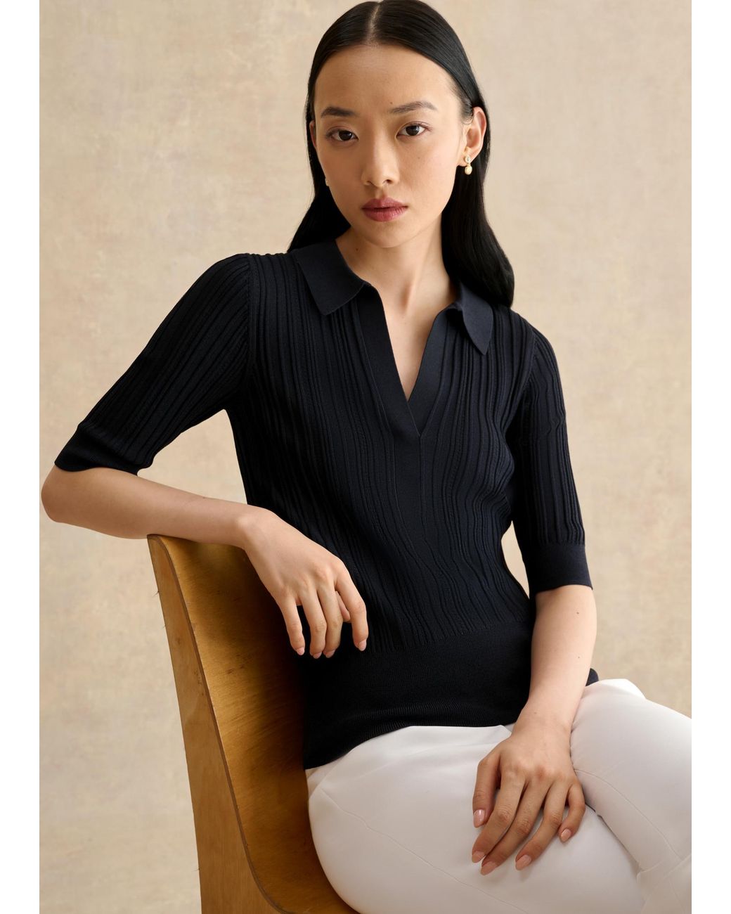 Hobbs Black Blair Pointelle Knitted Polo Top