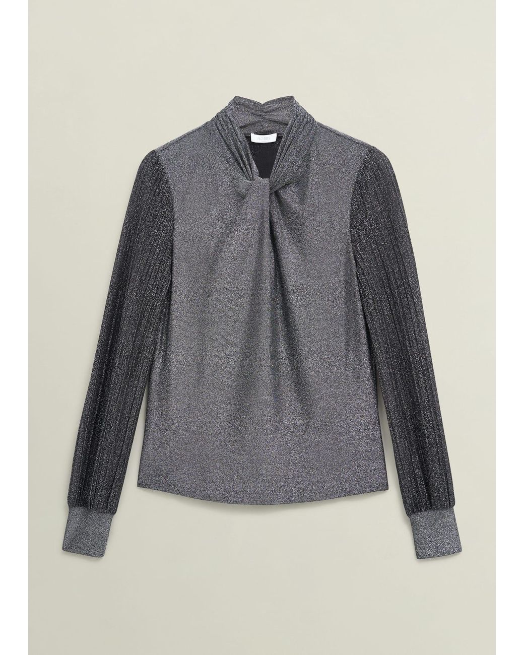 Hobbs Gray Metallic Ashley Pleat Sleeve Twist Neck Top