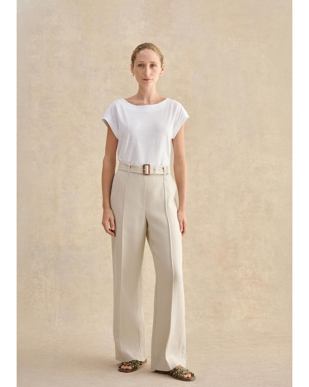 Hobbs Natural Petite Zainah Linen Wide Leg Trousers