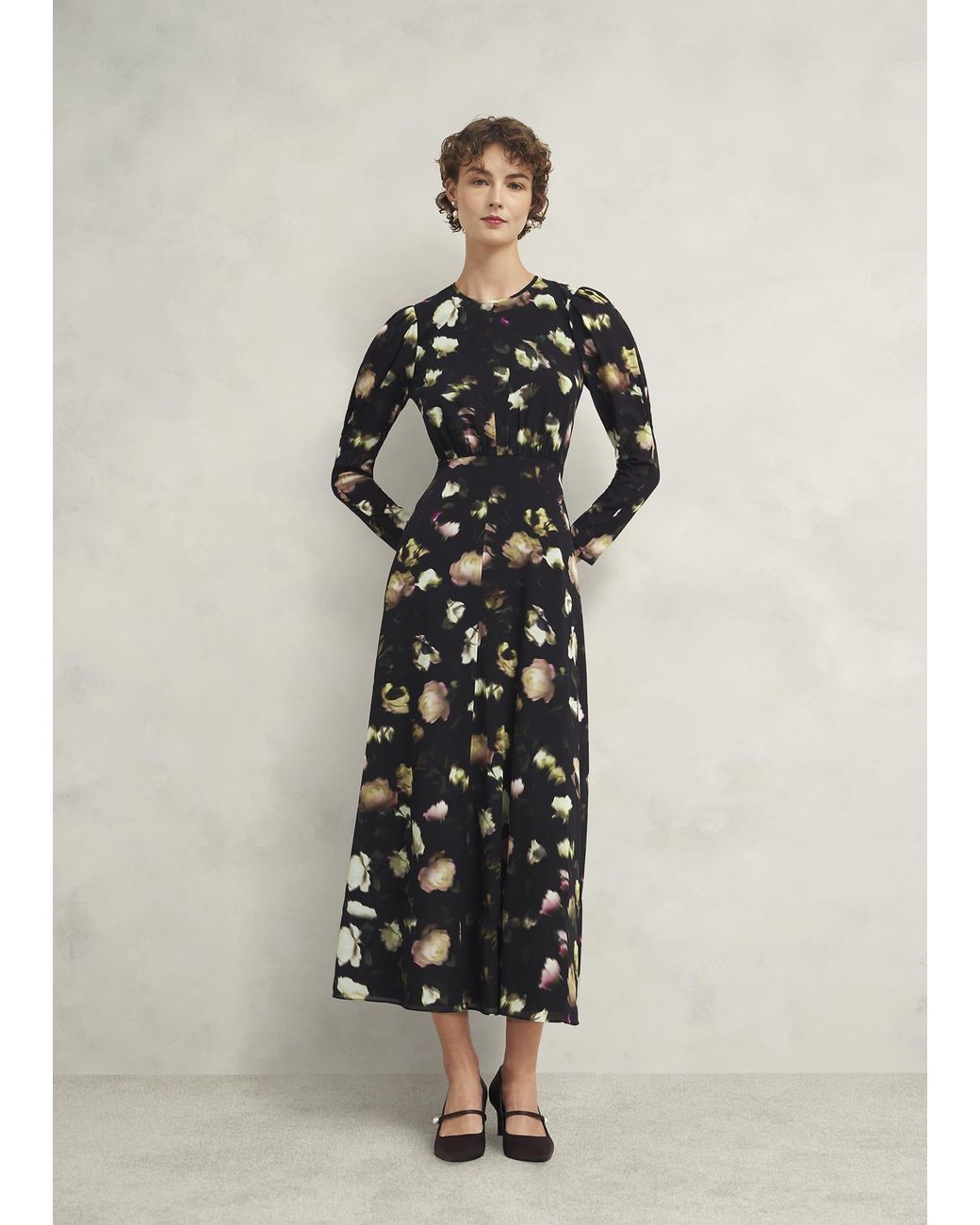 Hobbs White Feminine Silk Floral Puff-Sleeve Dress