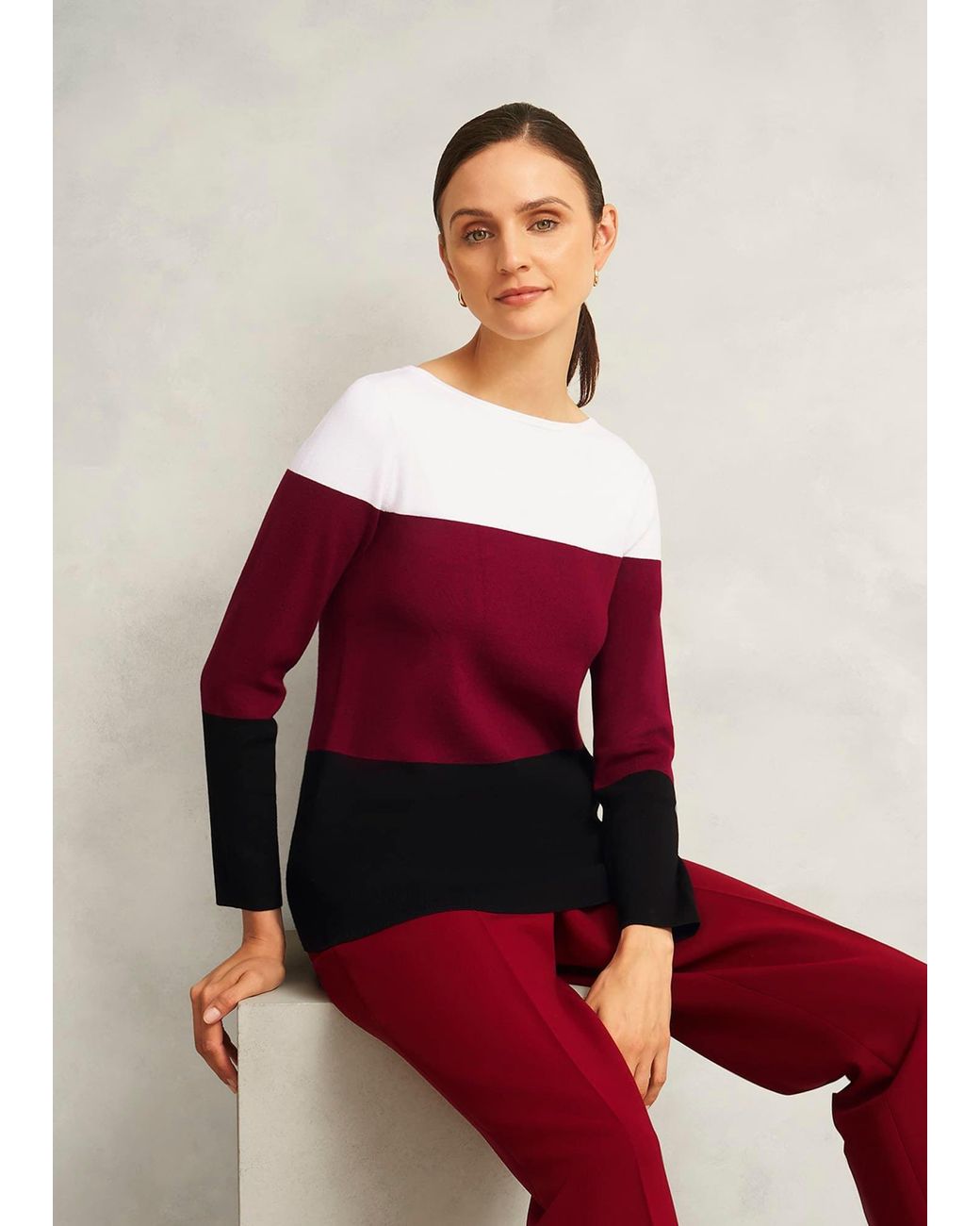 Hobbs Red Burgundy Alice Colour Block Crew Neck Knitted Jumper