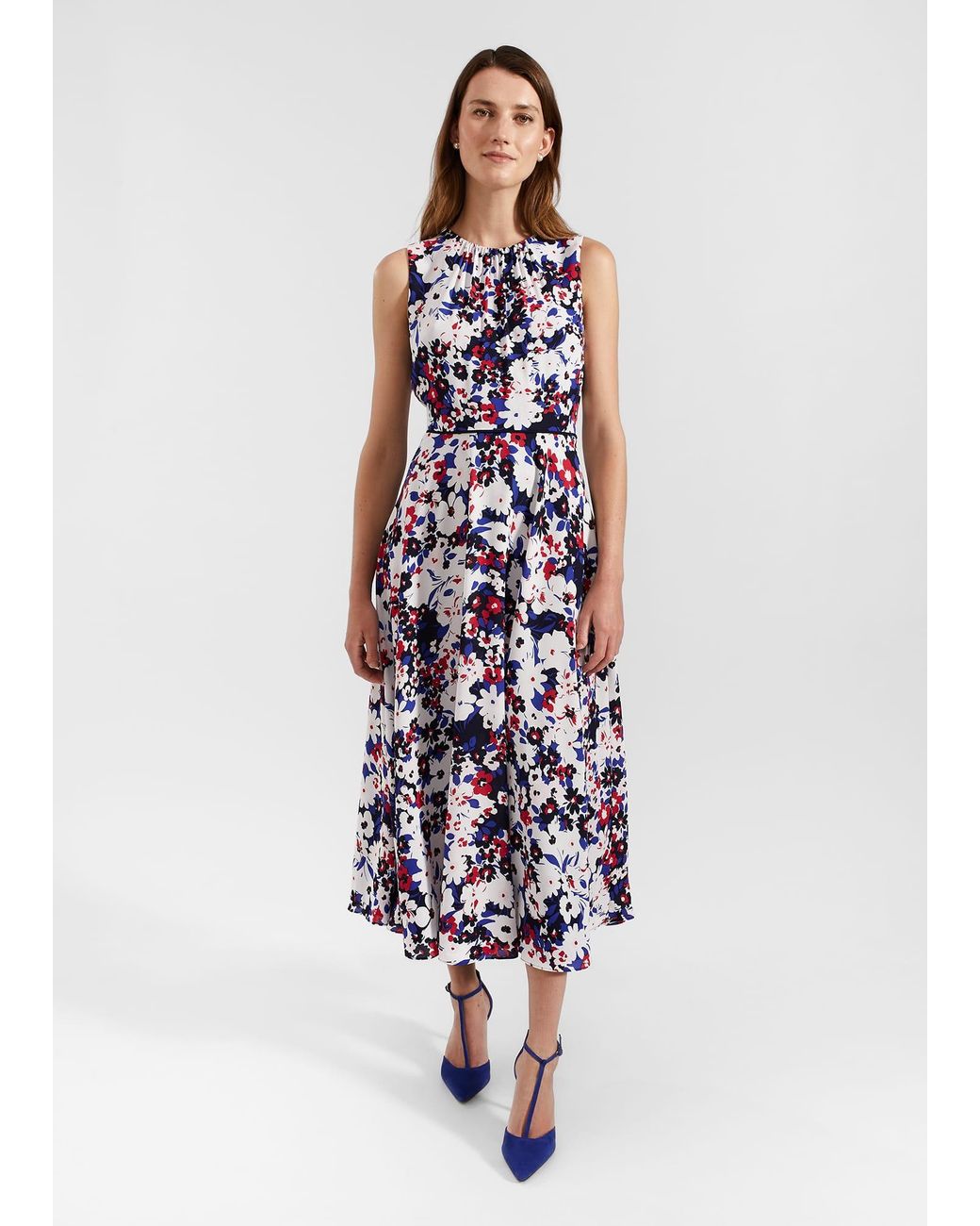 Hobbs White Carly Gathered Neck Floral Dress