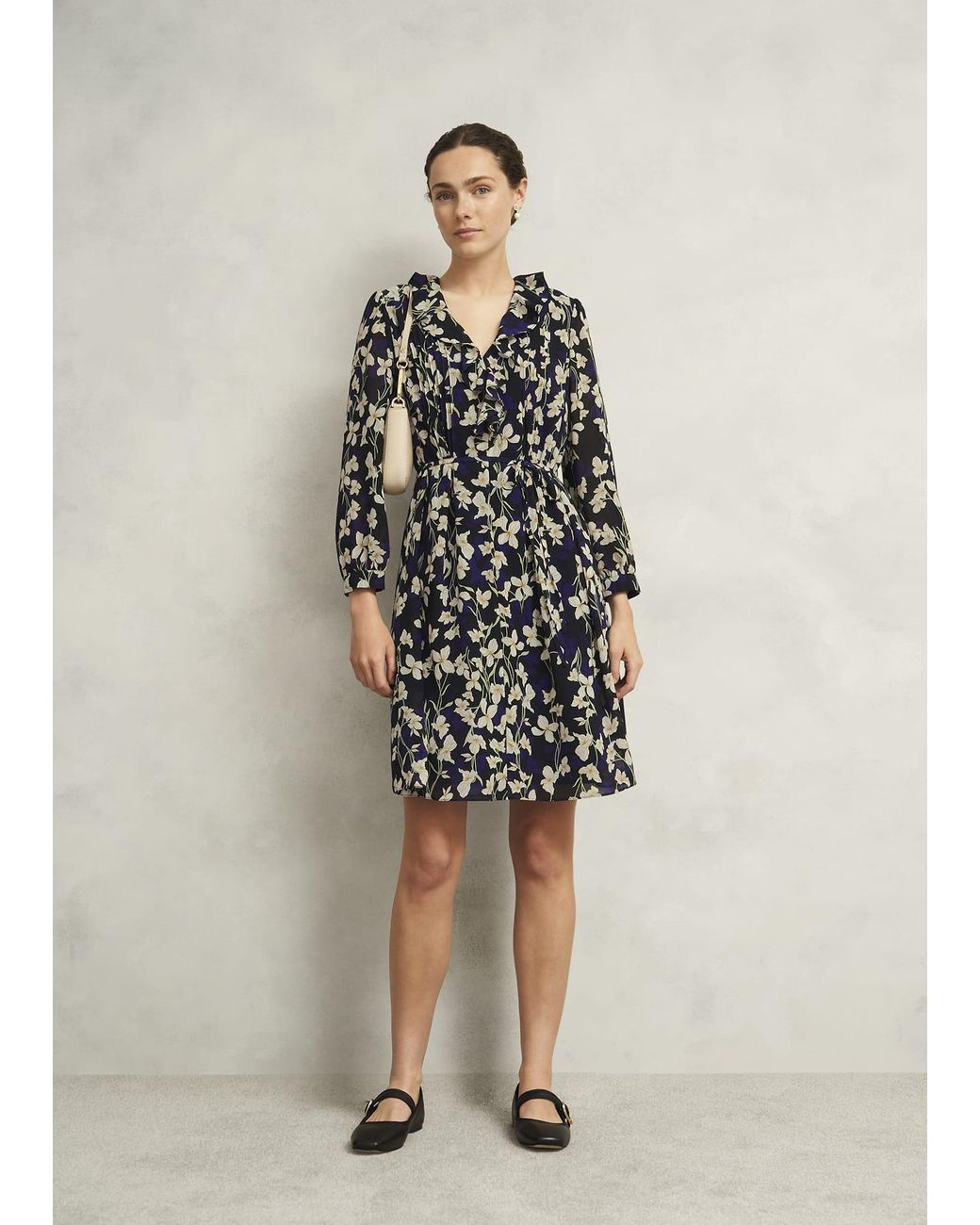 Hobbs Natural Floral Zoe Dress With Ruffle Neck