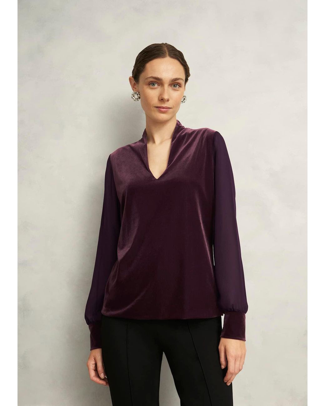 Hobbs Blue Aimee Velvet V Neck Long Sleeve Top