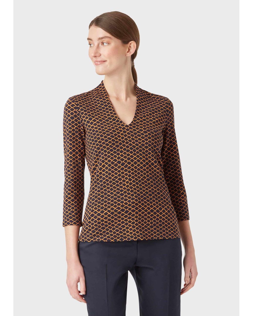 Hobbs Synthetic Aimee Printed V Neck Top in Navy Marigold (Brown) - Lyst