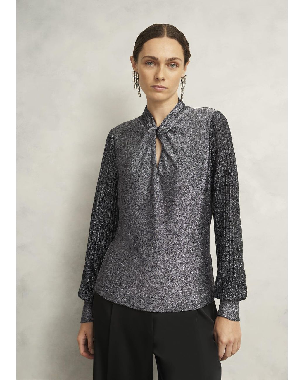 Hobbs Gray Metallic Ashley Pleat Sleeve Twist Neck Top