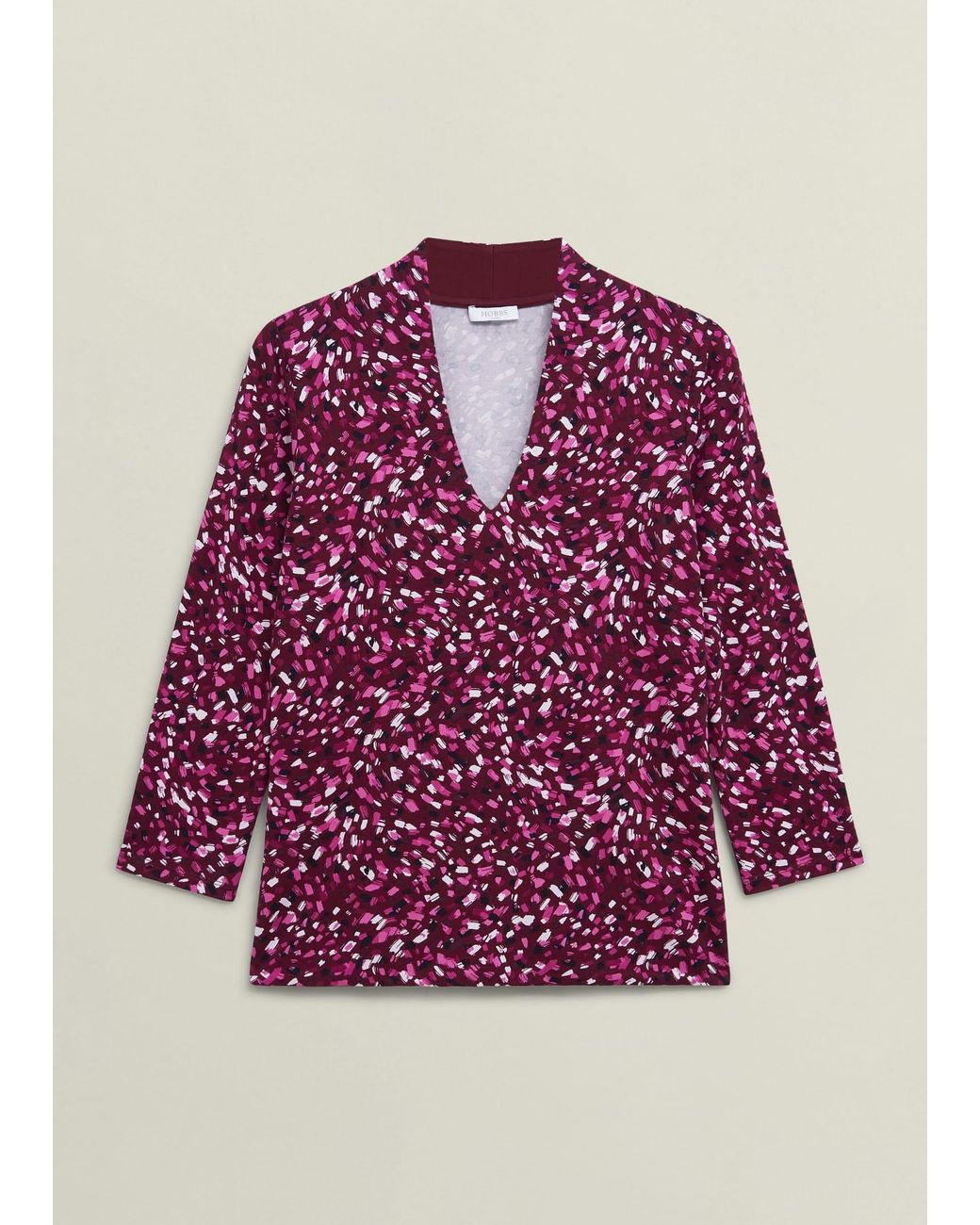 Hobbs Purple Burgundy Aimee Printed V Neck 3/4 Sleeve Top