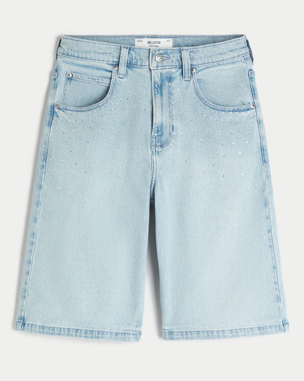 Hollister Blue Light Wash Embellished Super Baggy Denim Shorts for men