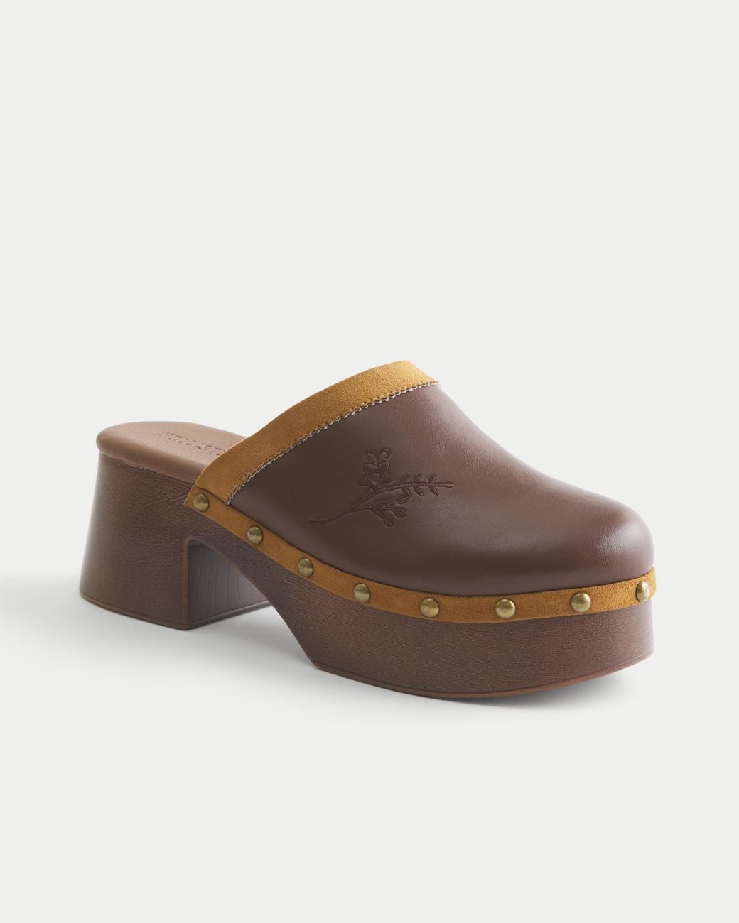 Hollister Brown Embroidered Platform Clogs