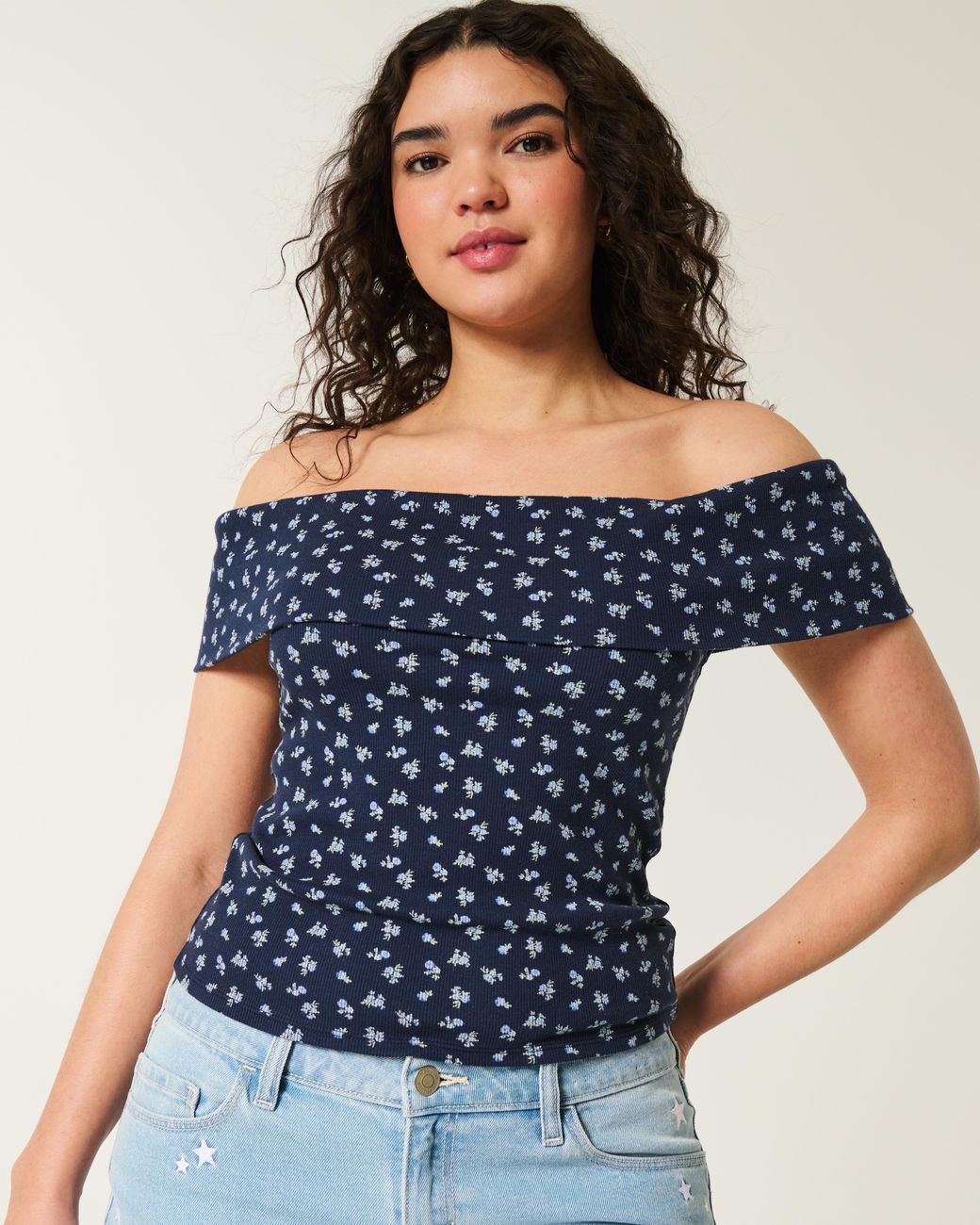 Hollister Blue Ribbed Off-the-shoulder Foldover Top
