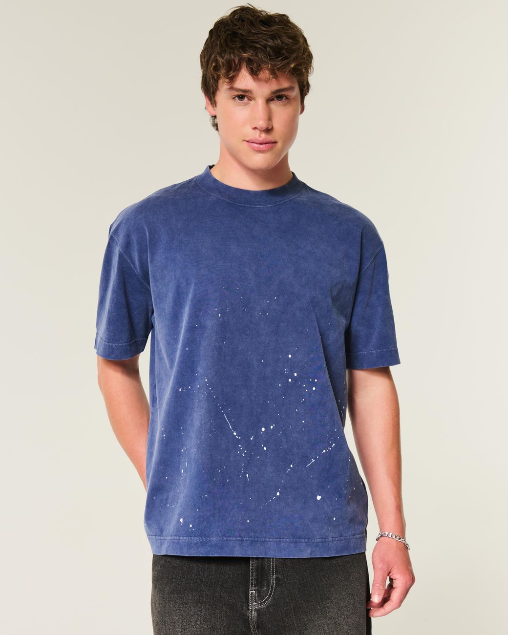 Hollister Blue Boxy Heavyweight Paint Splatter Crew T-shirt for men