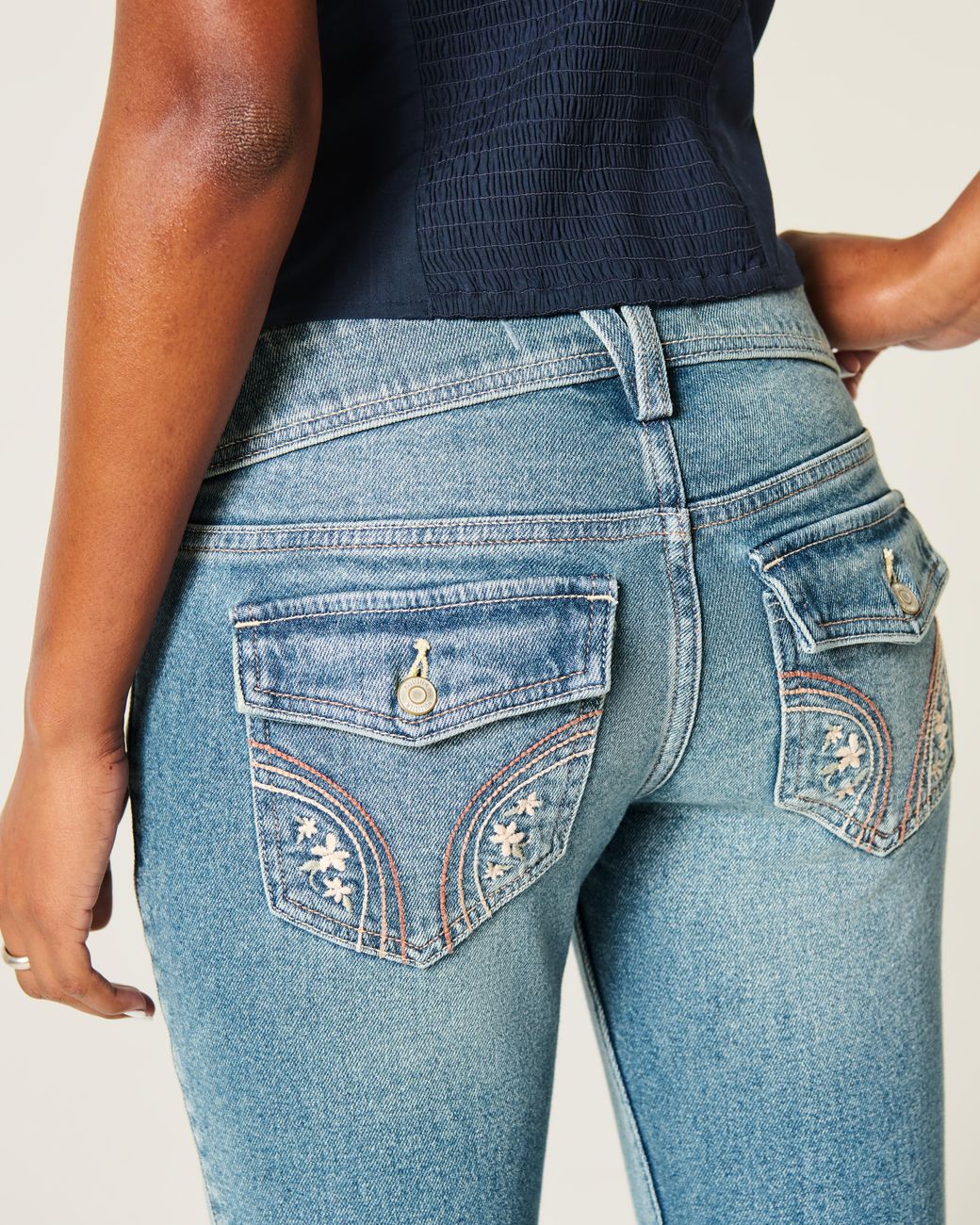Hollister Blue Low-rise Medium Wash Embroidered Florals Bootcut Jeans