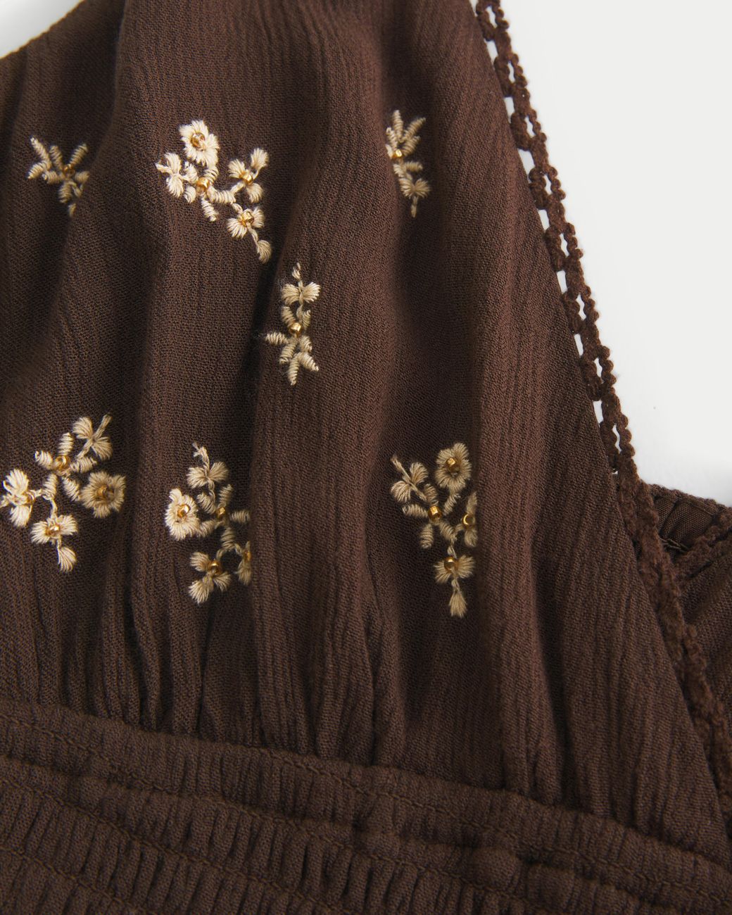 Hollister Brown Smocked Waist Embroidered Mini Dress