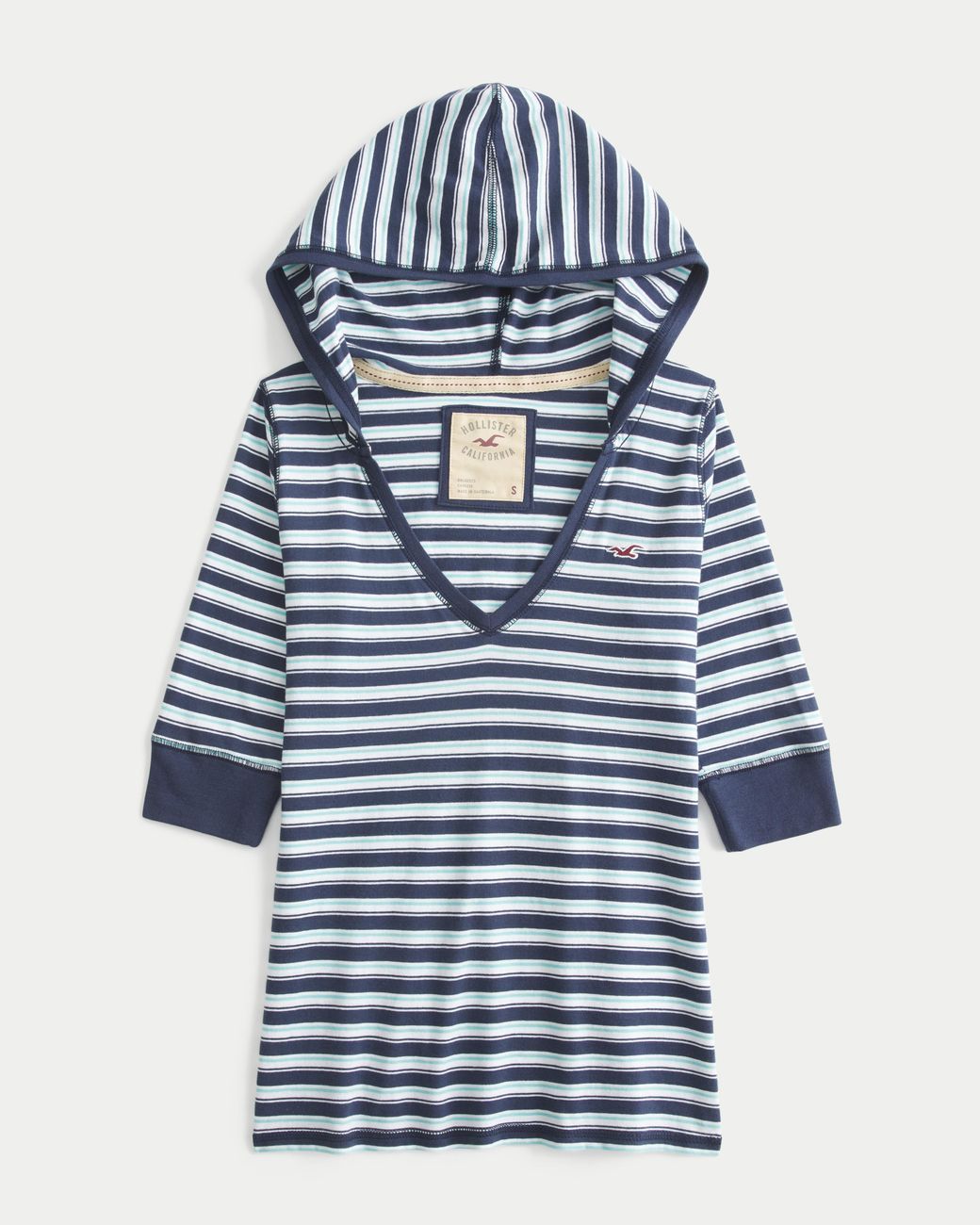 Hollister Blue Half-sleeve Hooded V-neck T-shirt