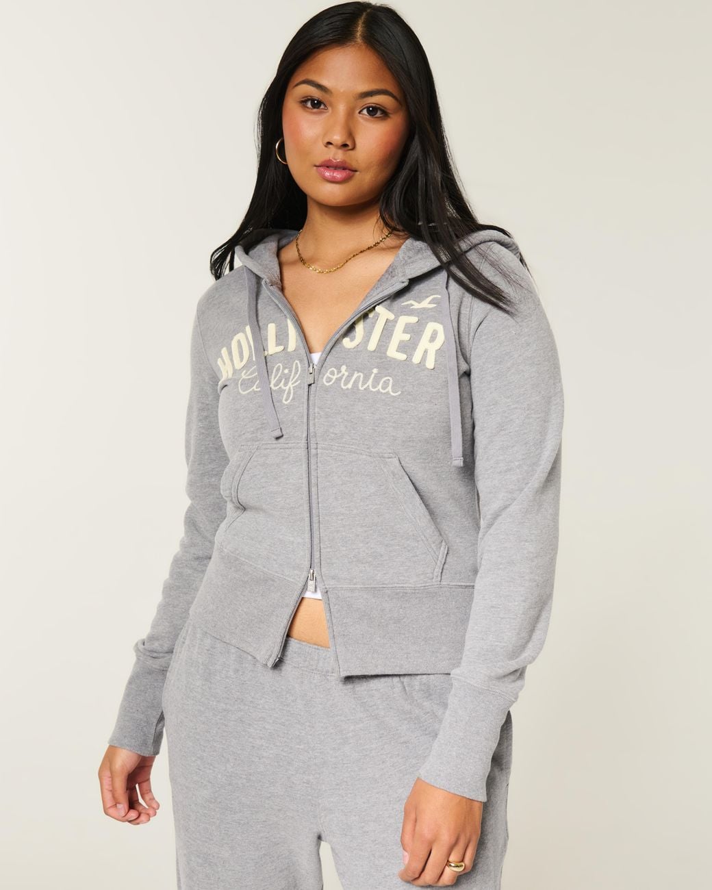 Hollister Gray Hollister Feel Good Zip-up Logo Graphic Hoodie