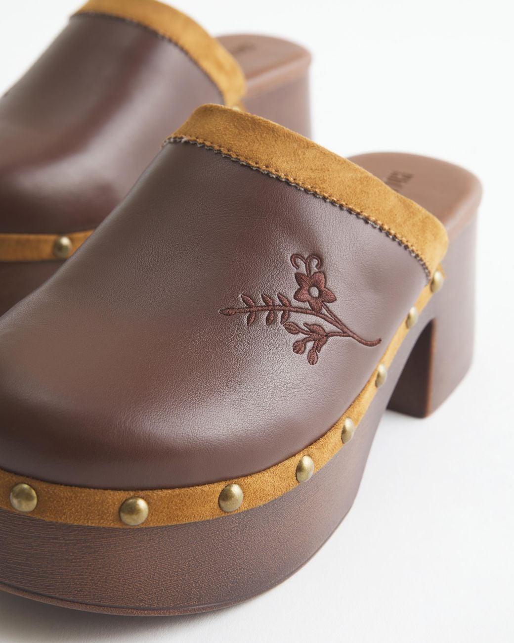Hollister Brown Embroidered Platform Clogs