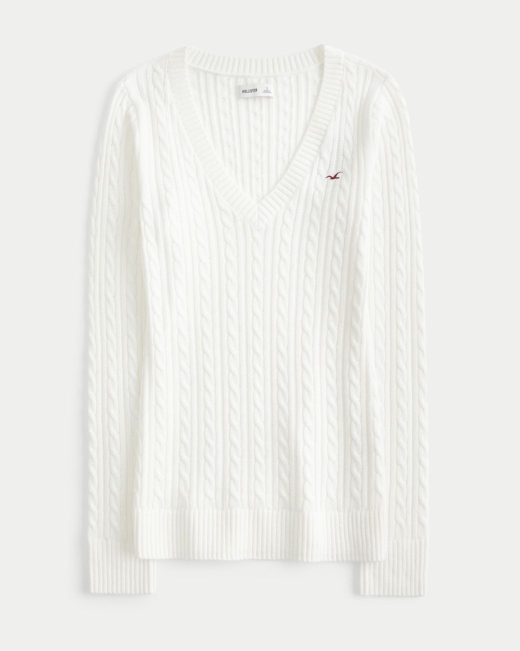 Hollister White Cable-knit Icon V-neck Sweater