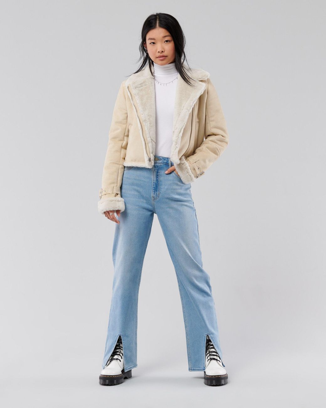 Hollister Crop Shearling Biker Jacket in Natural Lyst UK