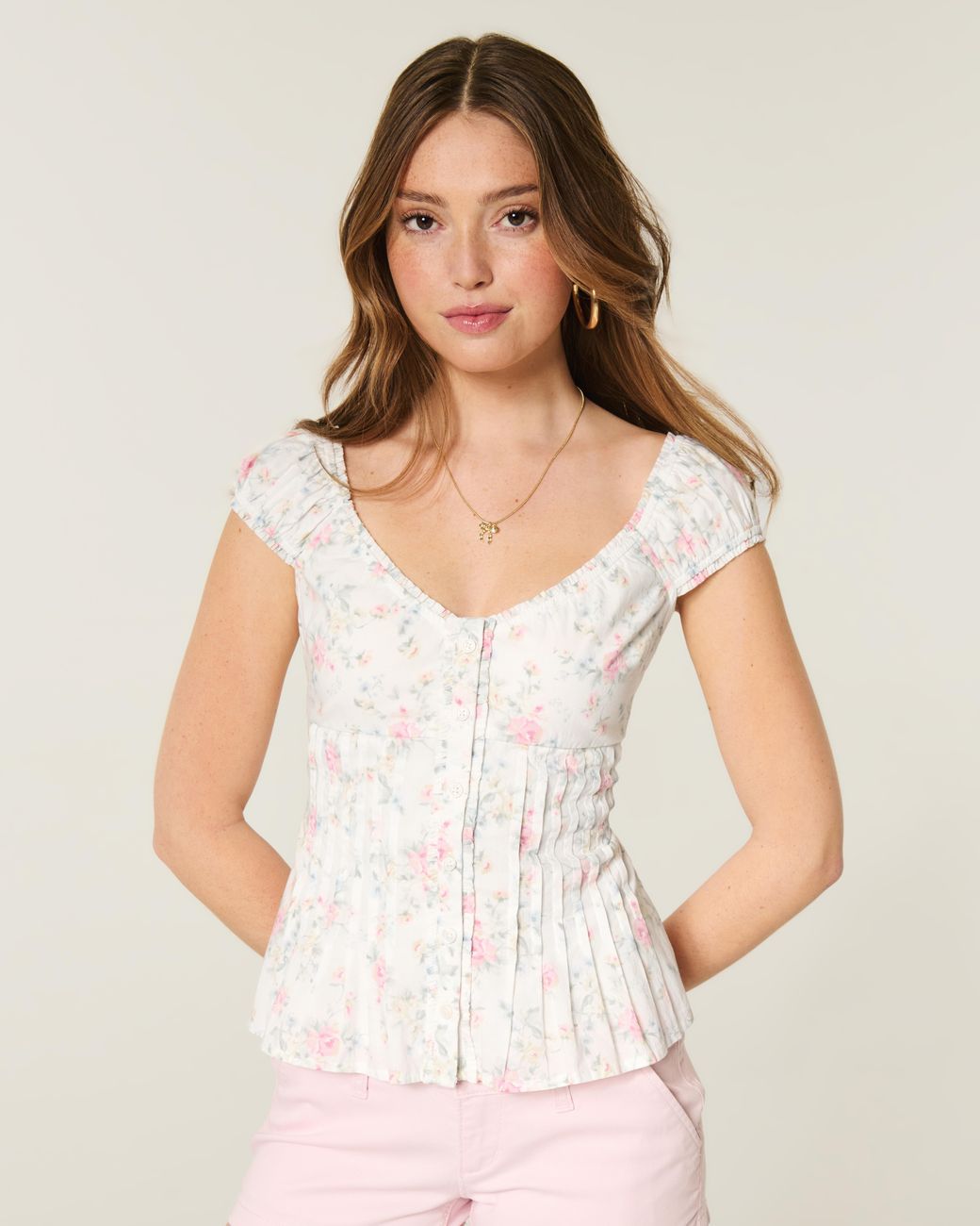 Hollister White V-neck Pintuck Top