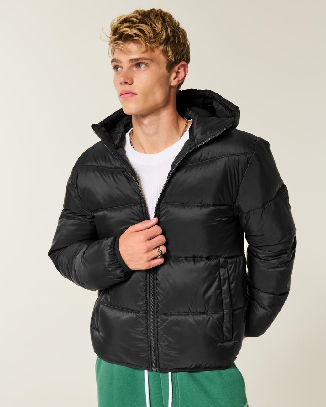Hollister Black Hooded Puffer Jacket for men