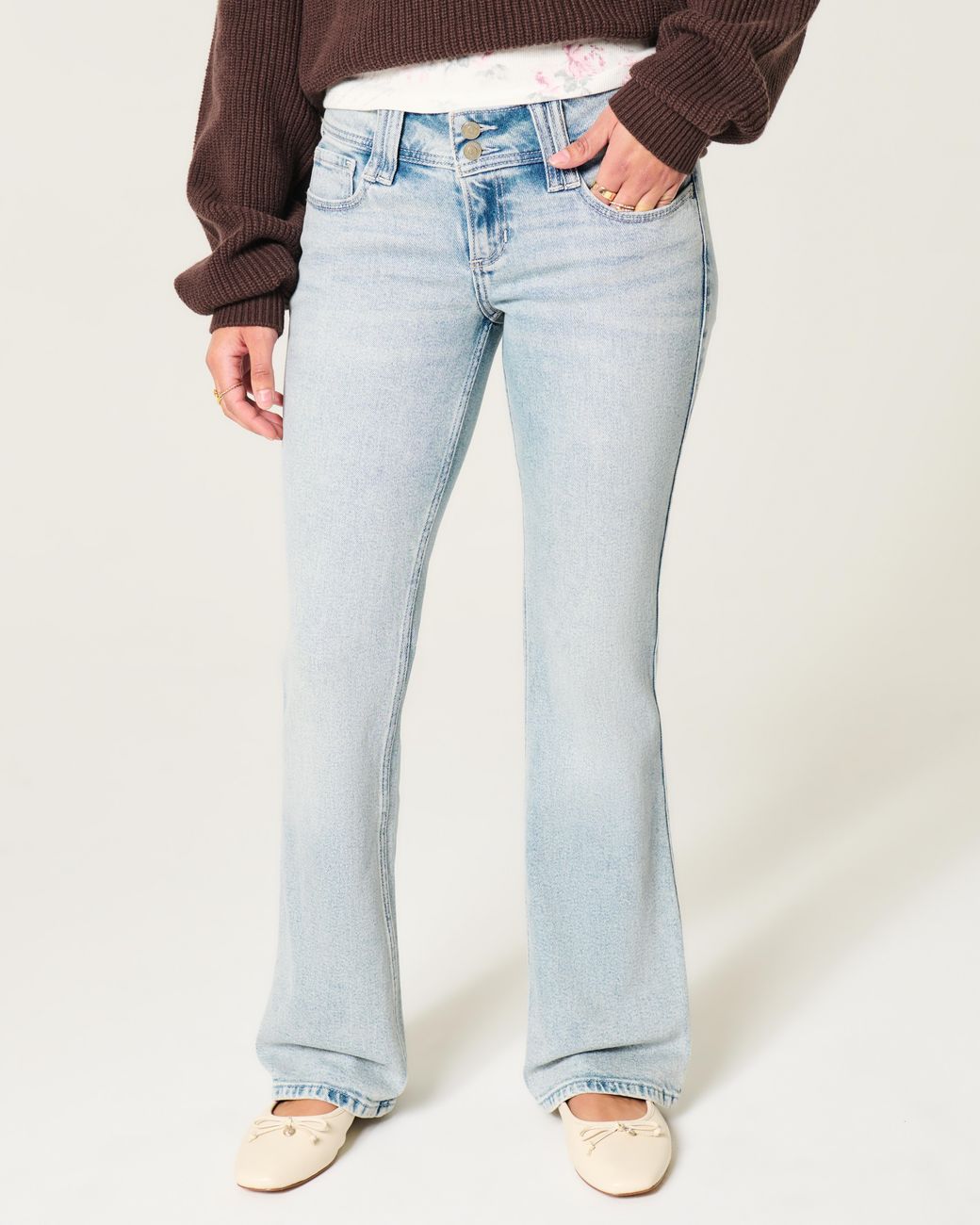 Hollister Blue Low-rise Light Wash Pink Embroidery Bootcut Jeans