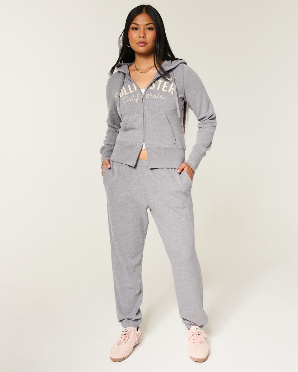 Hollister Gray Hollister Feel Good Zip-up Logo Graphic Hoodie