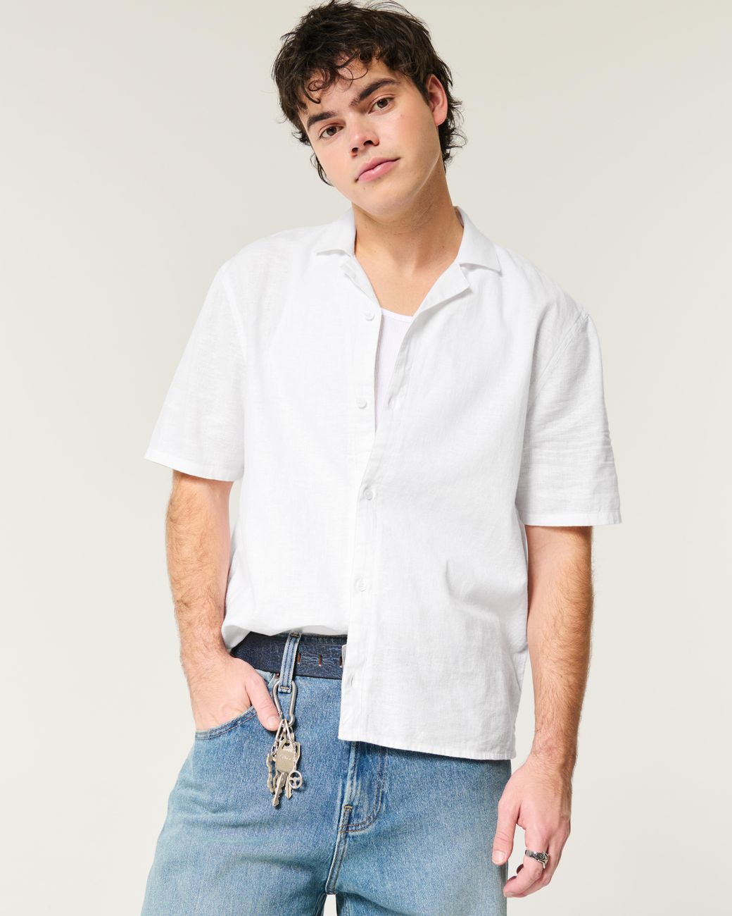 Hollister White Boxy Short-sleeve Linen-blend Shirt for men