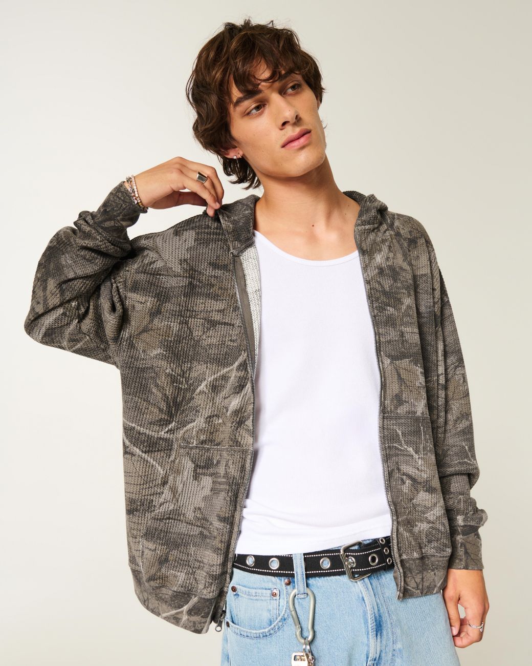Hollister Gray Boxy Thermal Camo Zip-up Hoodie for men