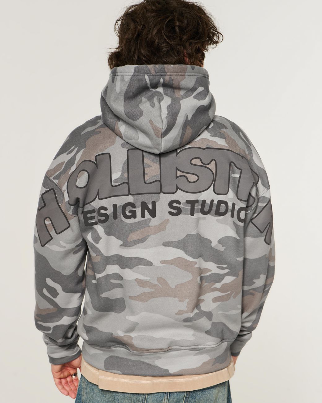 Hollister Gray Boxy Camo Logo Graphic Hoodie for men