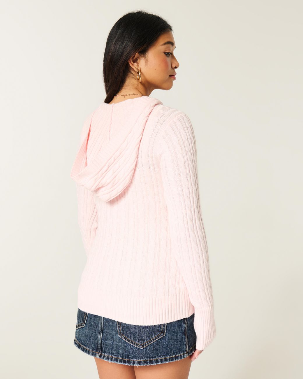Hollister Pink Cable-knit V-neck Hoodie Sweater