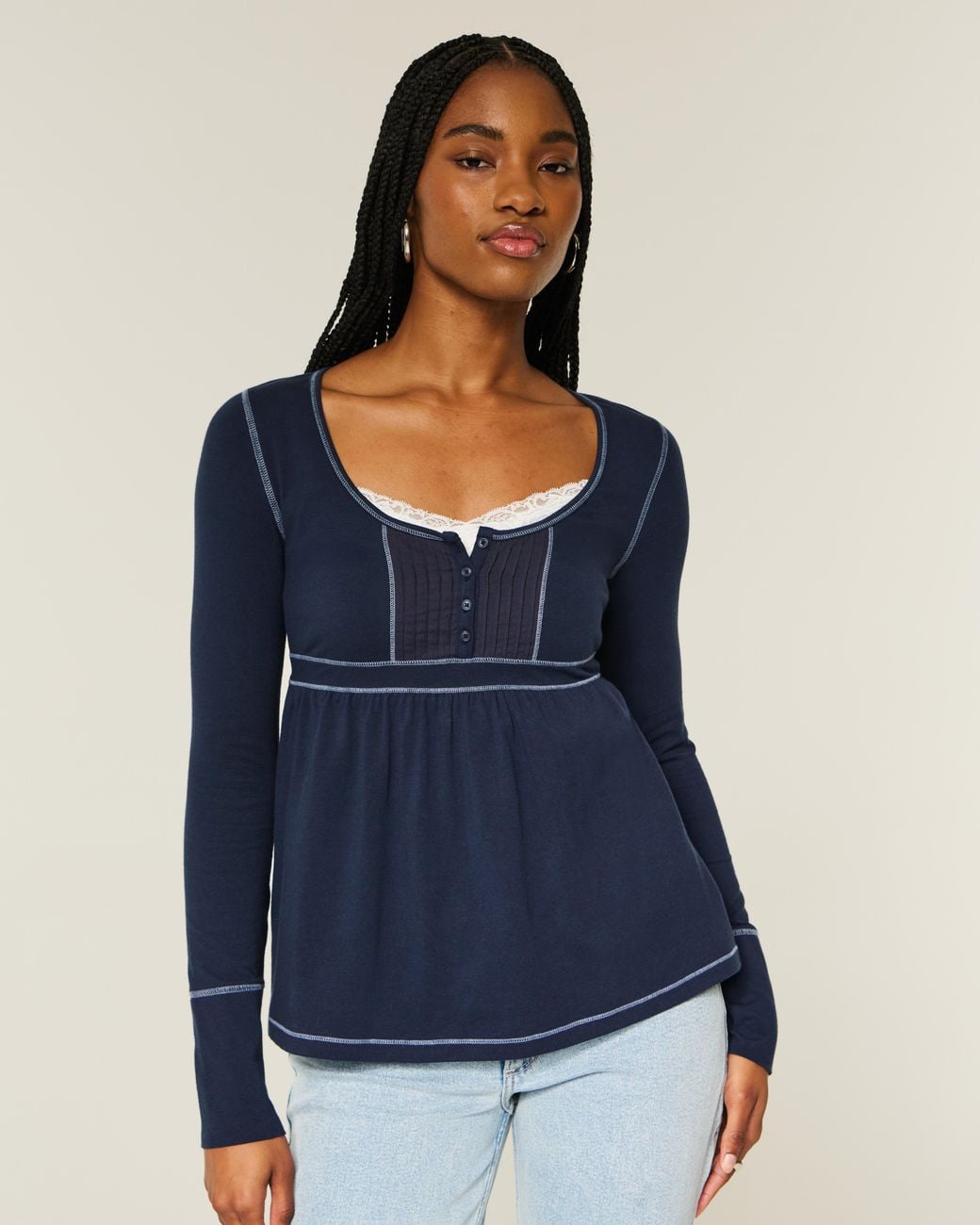 hollister-long-sleeve-henley-babydoll-top-in-blue-lyst-uk